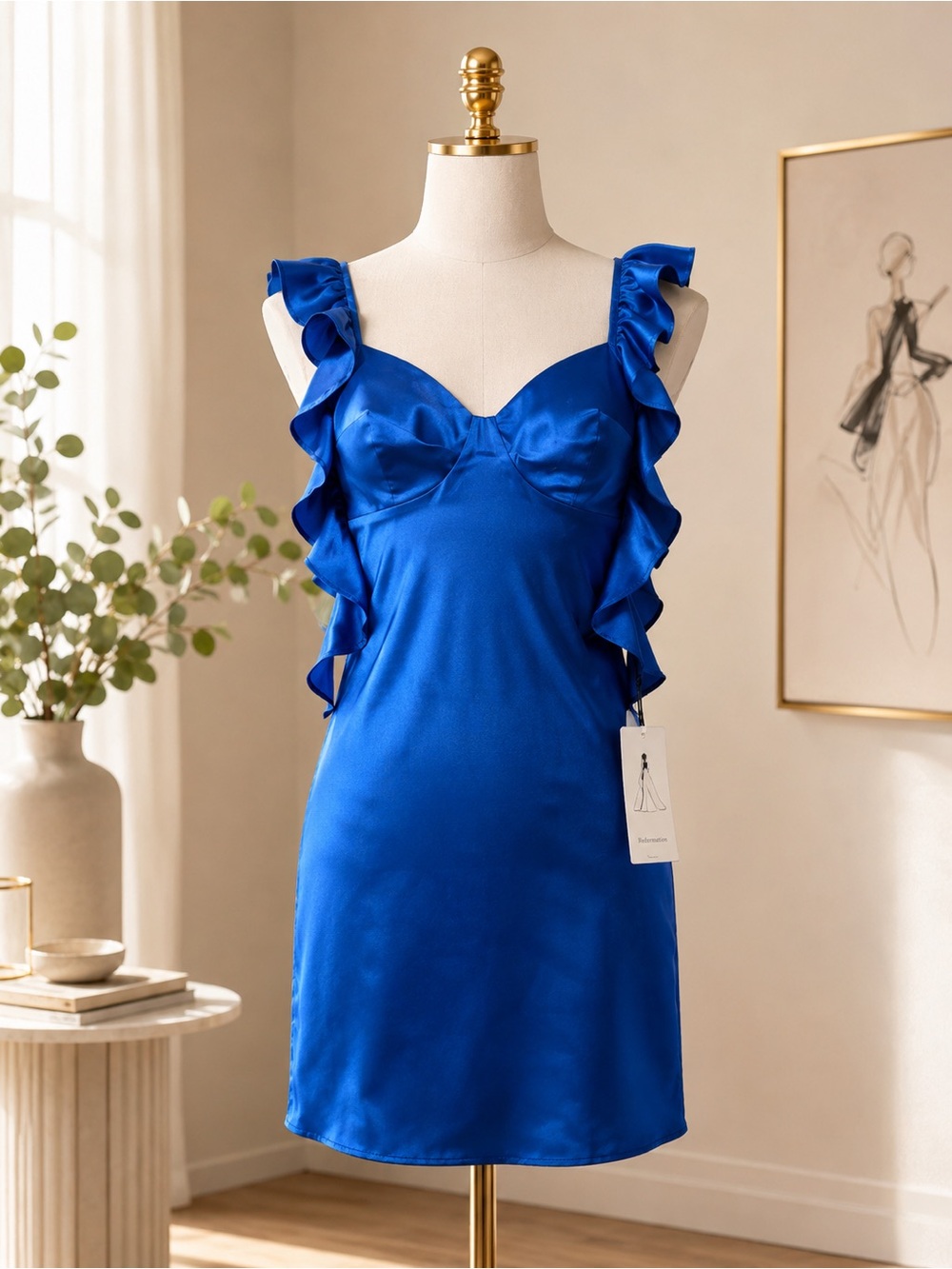 Royal Blue Satin Ruffle Strap Dress Extra Small